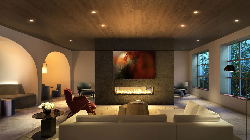Rendering of the amenity lounge with arched openings, Marmorino plaster walls, a French oak plank ceiling and a dual-sided black limestone fireplace at Midtown Luxury Residences, 30 East 31 Street, New York City, interior design by Alexandra Peck Design