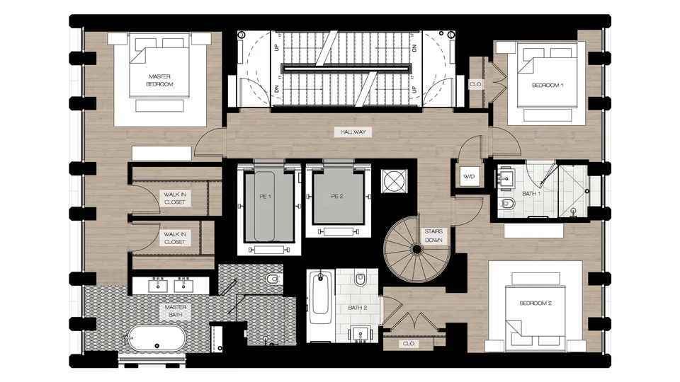 Penthouse upper level floor plan with the primary bedroom suite and two further bedrooms at Midtown Luxury Residences, 30 East 31 Street, New York City, interior design by Alexandra Peck Design