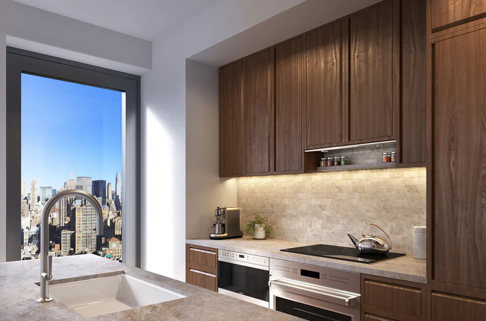 Rendering of a typical two-bedroom unit kitchen with walnut cabinetry, stone backsplash and a window over Midtown at Midtown Luxury Residences, 30 East 31 Street, New York City, interior design by Alexandra Peck Design