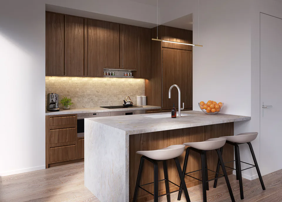 Rendering of a typical two-bedroom unit kitchen with a quartzite waterfall island, counter stools and walnut cabinetry at Midtown Luxury Residences, 30 East 31 Street, New York City, interior design by Alexandra Peck Design