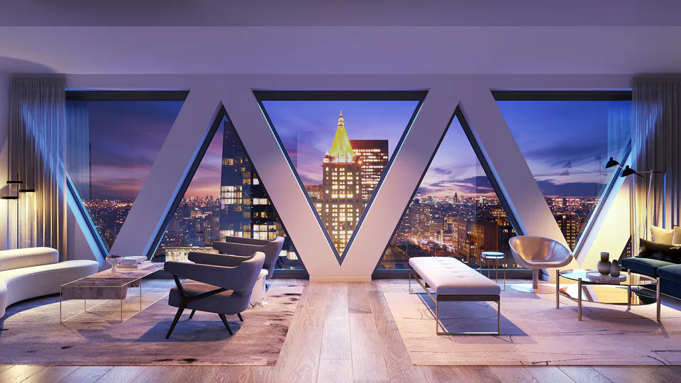 Rendering of the penthouse living room at dusk, framed by the facade’s diagonal lattice windows over NoMad, at Midtown Luxury Residences, 30 East 31 Street, New York City, interior design by Alexandra Peck Design