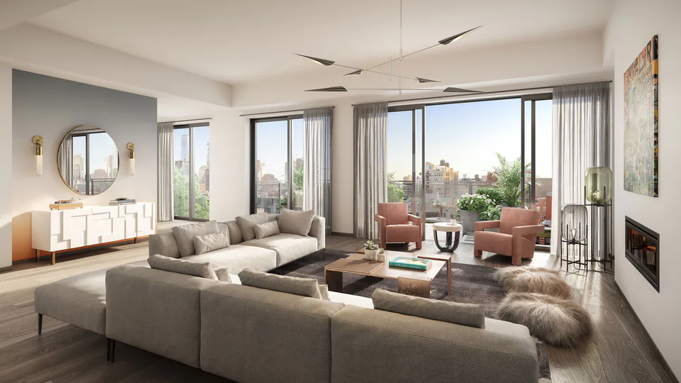 Rendering of the great room with a Minotti sectional, Cassina Utrecht armchairs and a seamless fireplace opening to the terrace at Nolita Luxury Penthouse, 260 Bowery Street, Nolita, New York City, interior design by Alexandra Peck Design