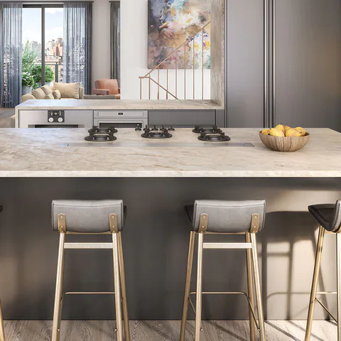 Detail rendering of the brushed quartzite island with its integrated PITT cooktop and counter stools in the kitchen at Nolita Luxury Penthouse, 260 Bowery Street, Nolita, New York City, interior design by Alexandra Peck Design