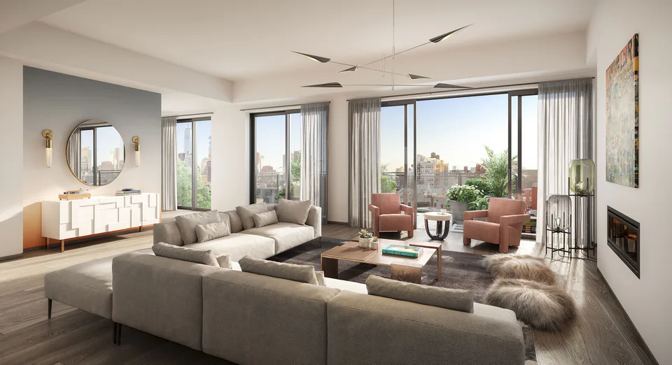 Rendering of the great room with a Minotti sectional, Cassina Utrecht armchairs and a seamless fireplace opening to the terrace at Nolita Luxury Penthouse, 260 Bowery Street, Nolita, New York City, interior design by Alexandra Peck Design