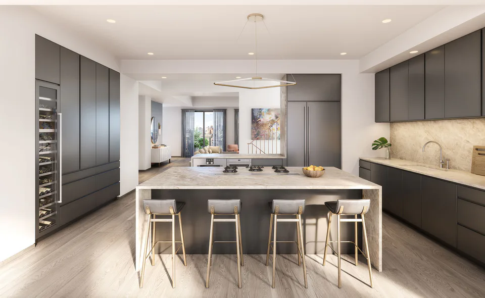 Rendering of the kitchen with custom aluminum cabinetry, a brushed quartzite island with counter stools and wide French oak floors at Nolita Luxury Penthouse, 260 Bowery Street, Nolita, New York City, interior design by Alexandra Peck Design