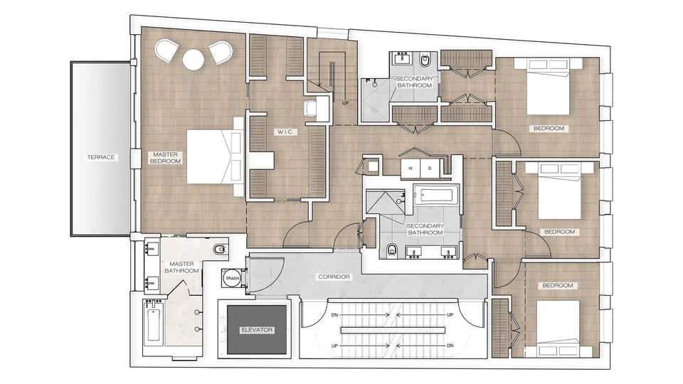 Penthouse lower level floor plan with the primary bedroom suite, three bedrooms and the terrace at Nolita Luxury Penthouse, 260 Bowery Street, Nolita, New York City, interior design by Alexandra Peck Design
