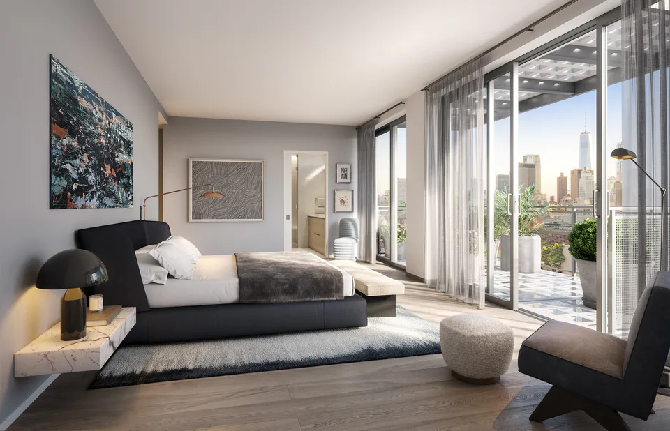 Rendering of the primary bedroom with a B&B Italia bed, Fort Street Studio rug, Atollo table lamp and a Pierre Jeanneret-style lounge chair before the terrace doors at Nolita Luxury Penthouse, 260 Bowery Street, Nolita, New York City, interior design by Alexandra Peck Design