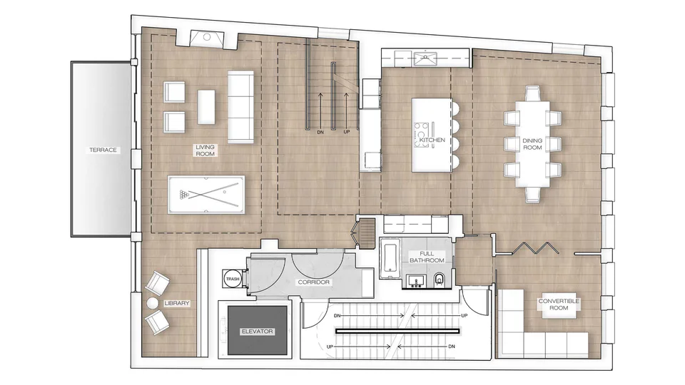 Penthouse upper level floor plan with the living room, kitchen, dining room, library and terrace at Nolita Luxury Penthouse, 260 Bowery Street, Nolita, New York City, interior design by Alexandra Peck Design