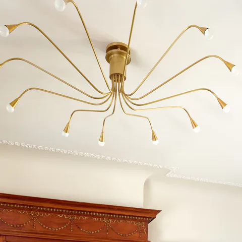 Detail of the bespoke brass chandelier against the original plaster ceiling in the parlor living room at the Prospect Heights Brownstone, Brooklyn, New York, interior design by Alexandra Peck Design